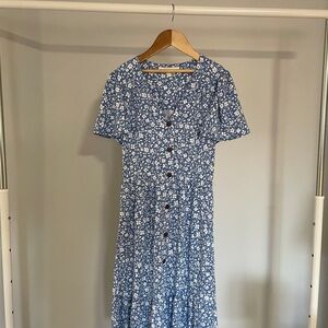Blue Floral Button-Front Midi Dress